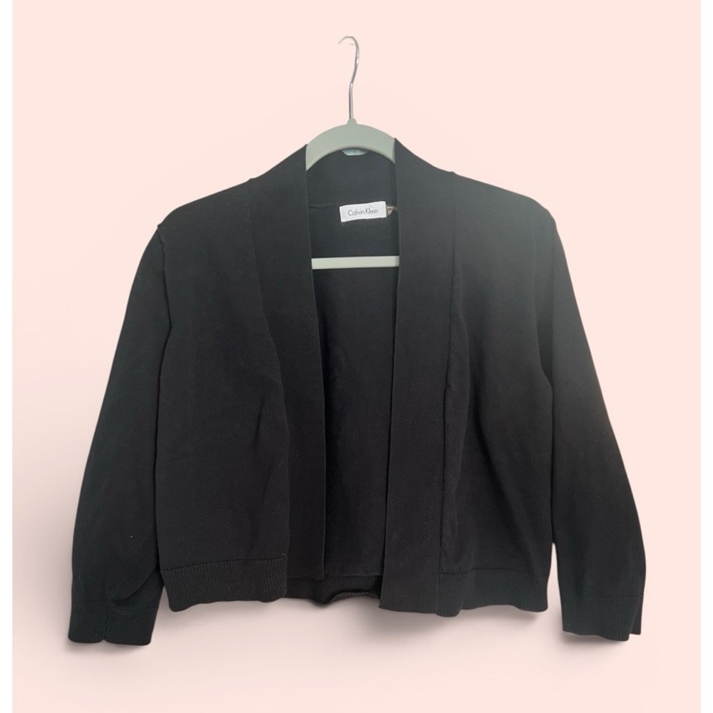 Calvin Klein Women's Black Open Front Cardigan Sweater 1X Cropped 3/4 Sleeve
